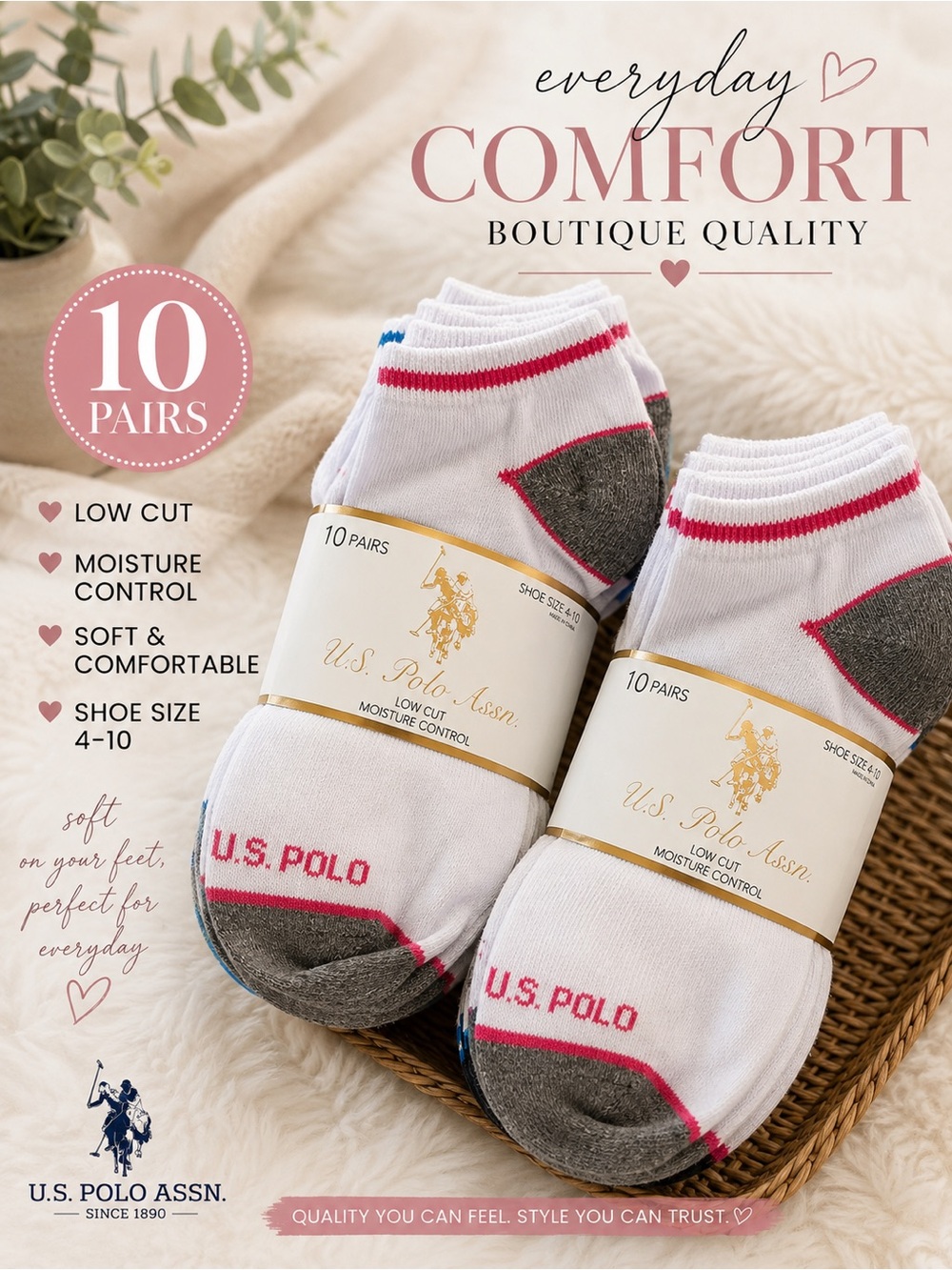 U.S. Polo Assn. Women’s Low-Cut White & Gray Socks - 2 Packs of 10-Pack- 20 pair
